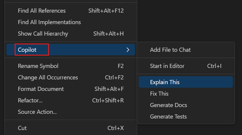 Editor context menu with the Copilot menu group expanded